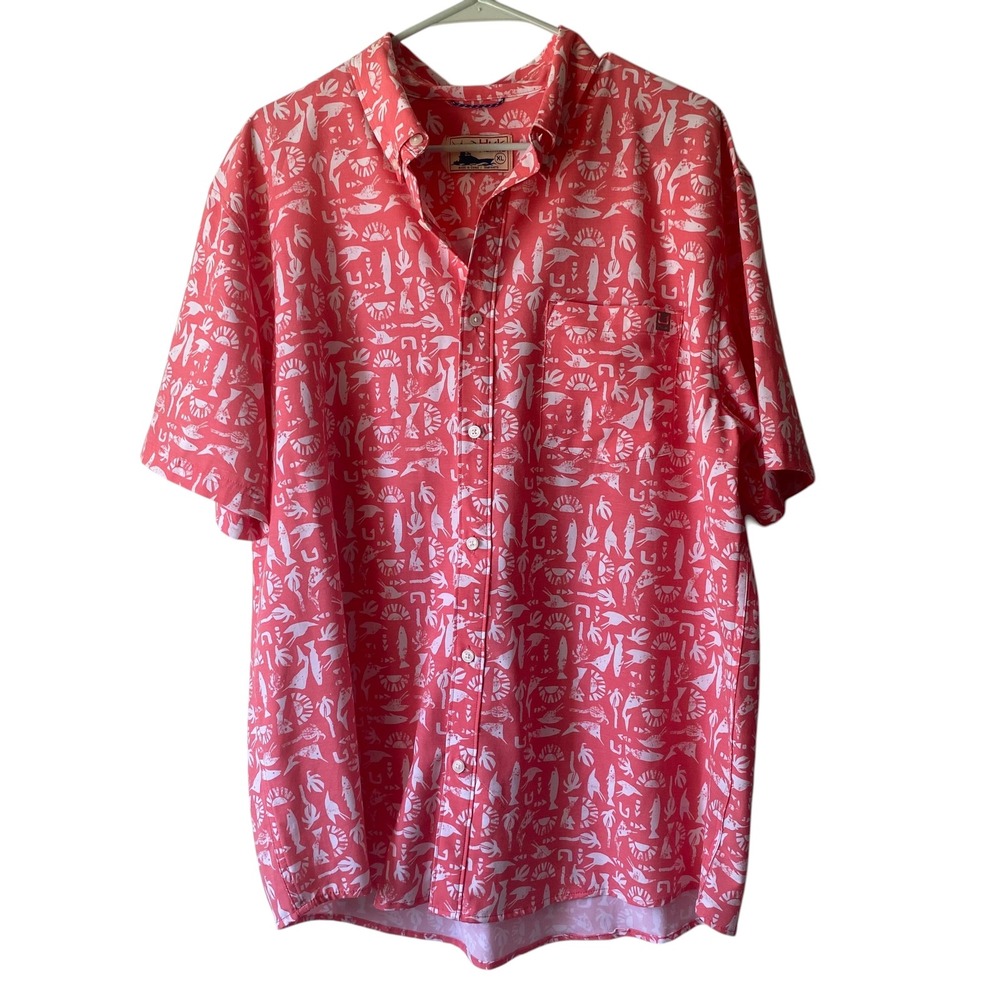 Huk Performance Button Up Fishing Shirt Nautical Fish Pink Coral Graphic Men XL - Picture 3 of 8
